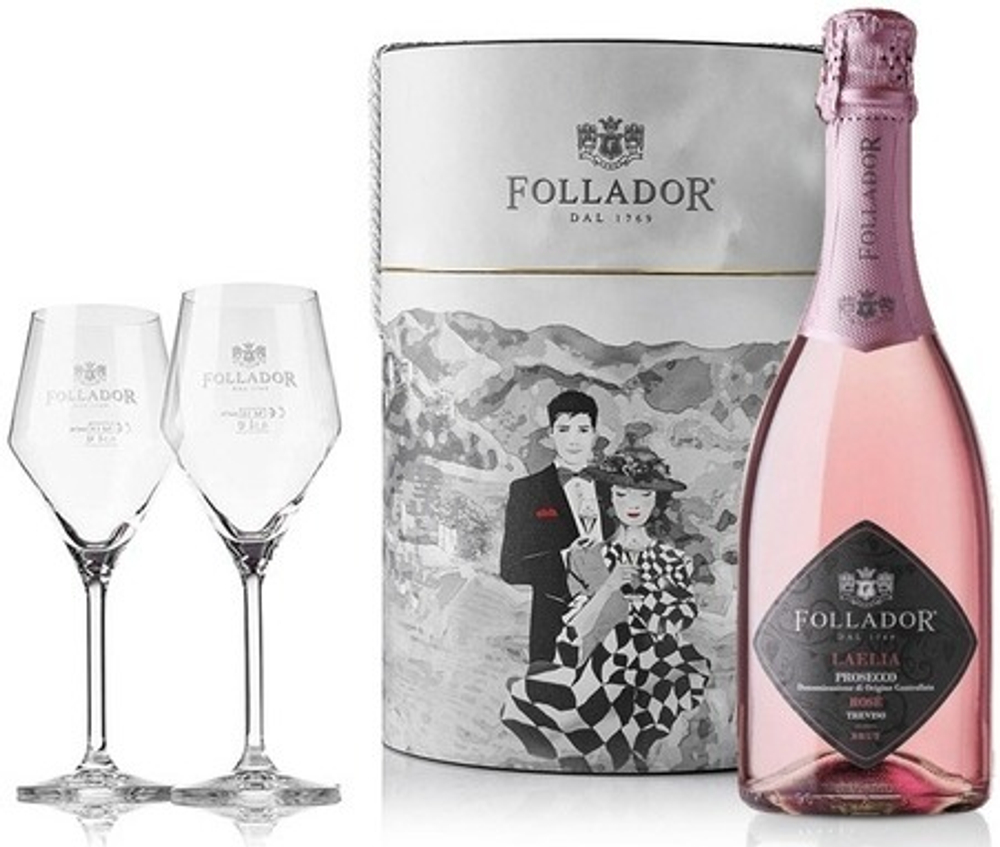 Игристое вино Follador Laelia Prosecco Treviso Rose Brut Millesimato 0,75 л. + 2 Glass Hat Box