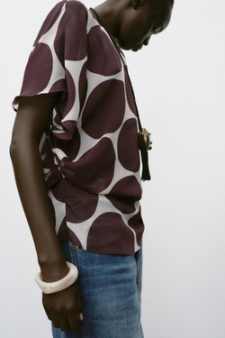 ZARA ПОЛУПРОЗРАЧНЫЙ ТОП В ГОРОШЕК, ЭКРЮ/ГРАНАТОВЫЙ