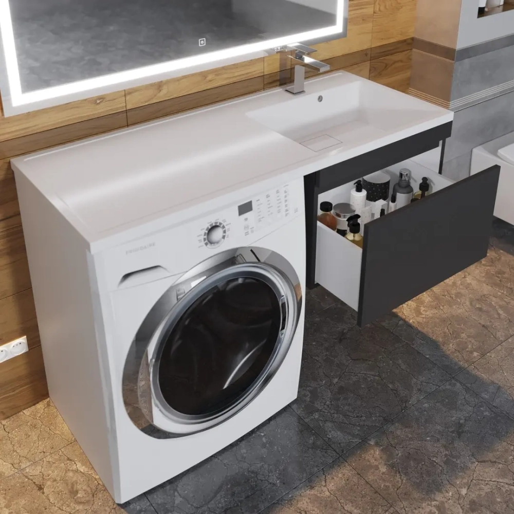 Тумба под стиральную машину с раковиной Uperwood Magenta 60/120 см, подвесная, черная, выдвижной ящик, правая