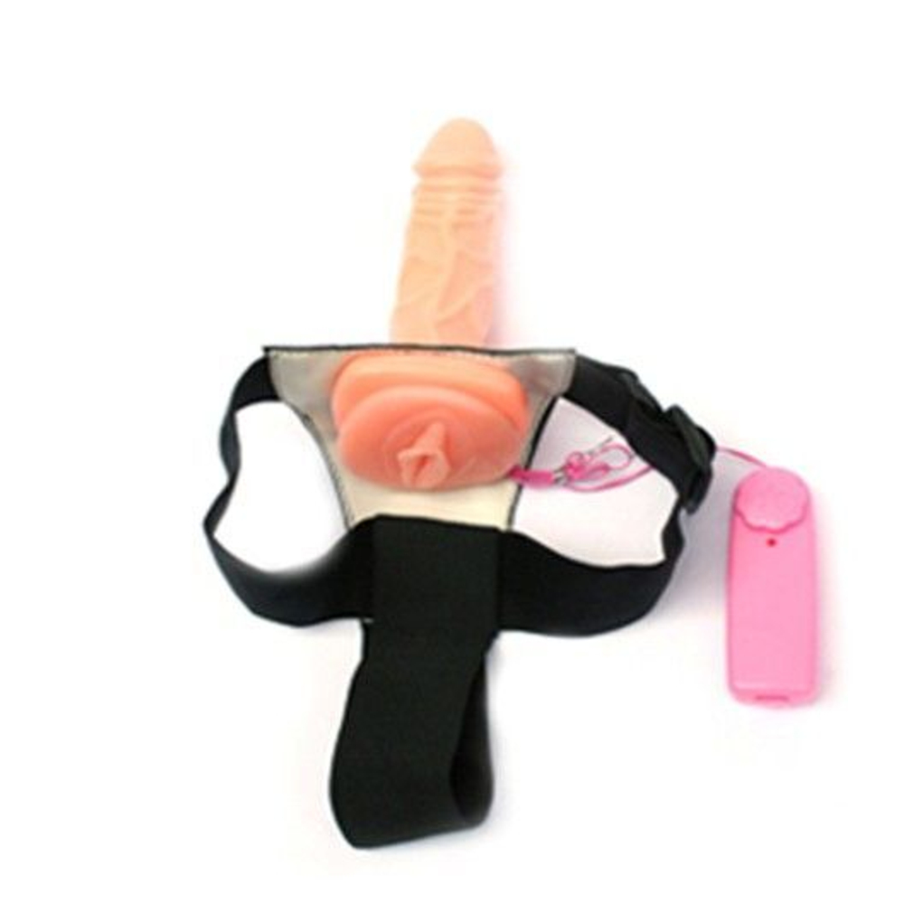 Страпон с вибрацией и мини-вагиной на внутренней стороне - 16 см. (Цвет: телесный с черным)