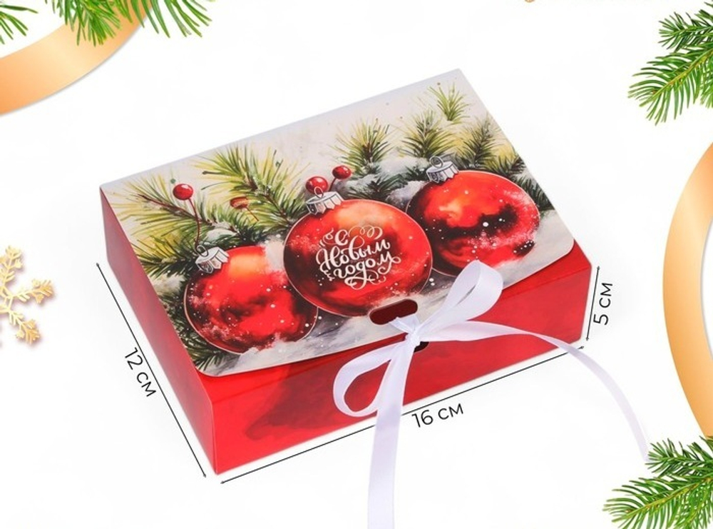 Коробка для десертов новогодняя с лентой 16*12*5см