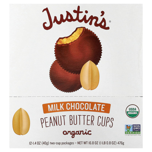 Justin's Nut Butter, Organic Peanut Butter Cups, Milk Chocolate, 12 Two-Cup Packages, 1.4 oz (40 g) Each