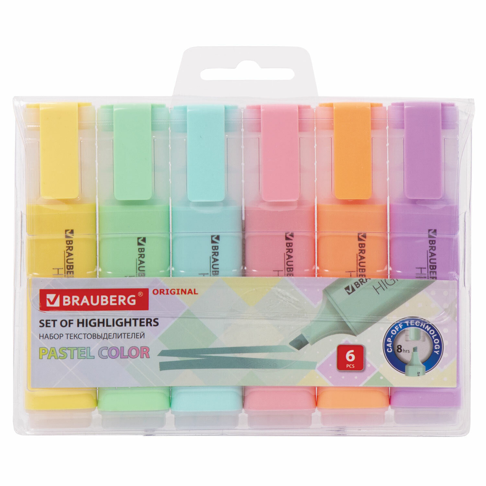 набор текстовыделителей 6 ЦВЕТОВ BRAUBERG "ORIGINAL PASTEL" линия письма 1-5 мм (4 штуки в упаковке)