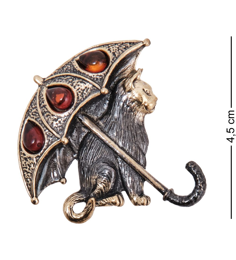 AM- 500 Брошь «Кошка Дождик» (латунь, янтарь)