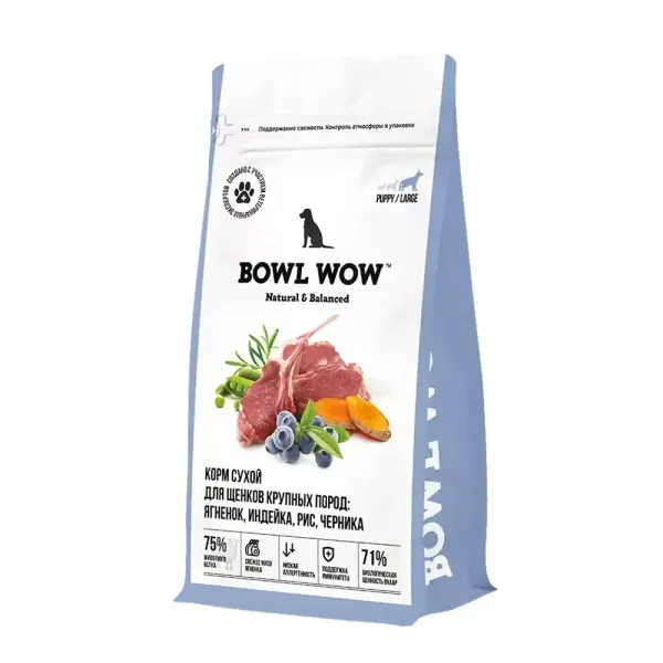 Уценка! Срок до 28.02/Сухой корм BOWL WOW для щенков крупных пород с ягненком и индейкой, 800гр