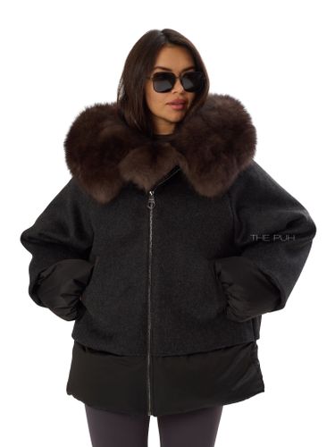 Комбинированный черный пуховик с мехом песца