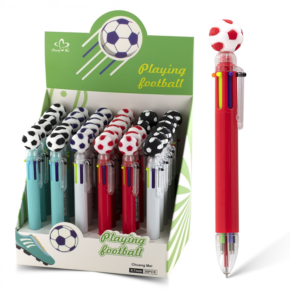 Ручка шариковая Alingar, "Футбол", 0,7 мм, 6 цветов, автоматическая, круглый, цветной, пластиковый корпус, карт. уп.