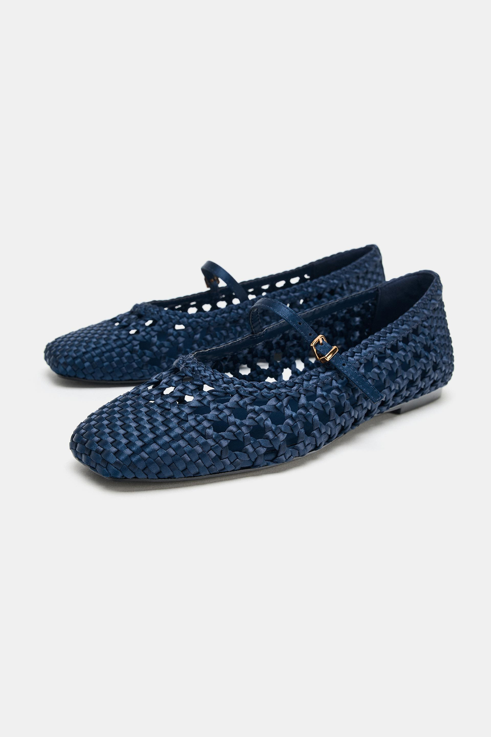 ZARA ПЛЕТЕНЫЕ БАЛЕТКИ С ПРЯЖКОЙ, СИНИЙ