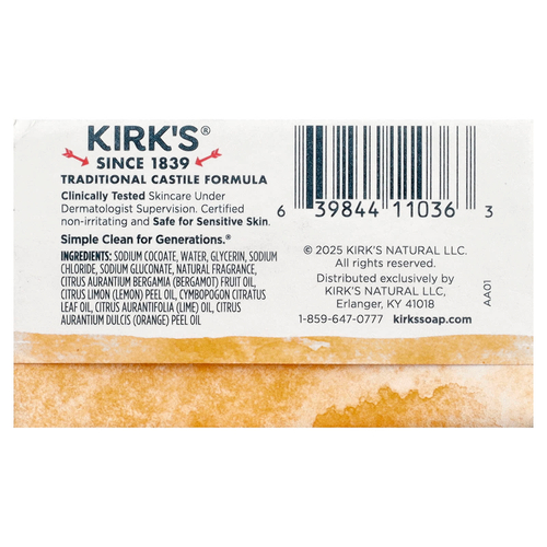 Kirk's, кастильское кусковое мыло, с цитрусовым вкусом, 32 г (1,13 унции)