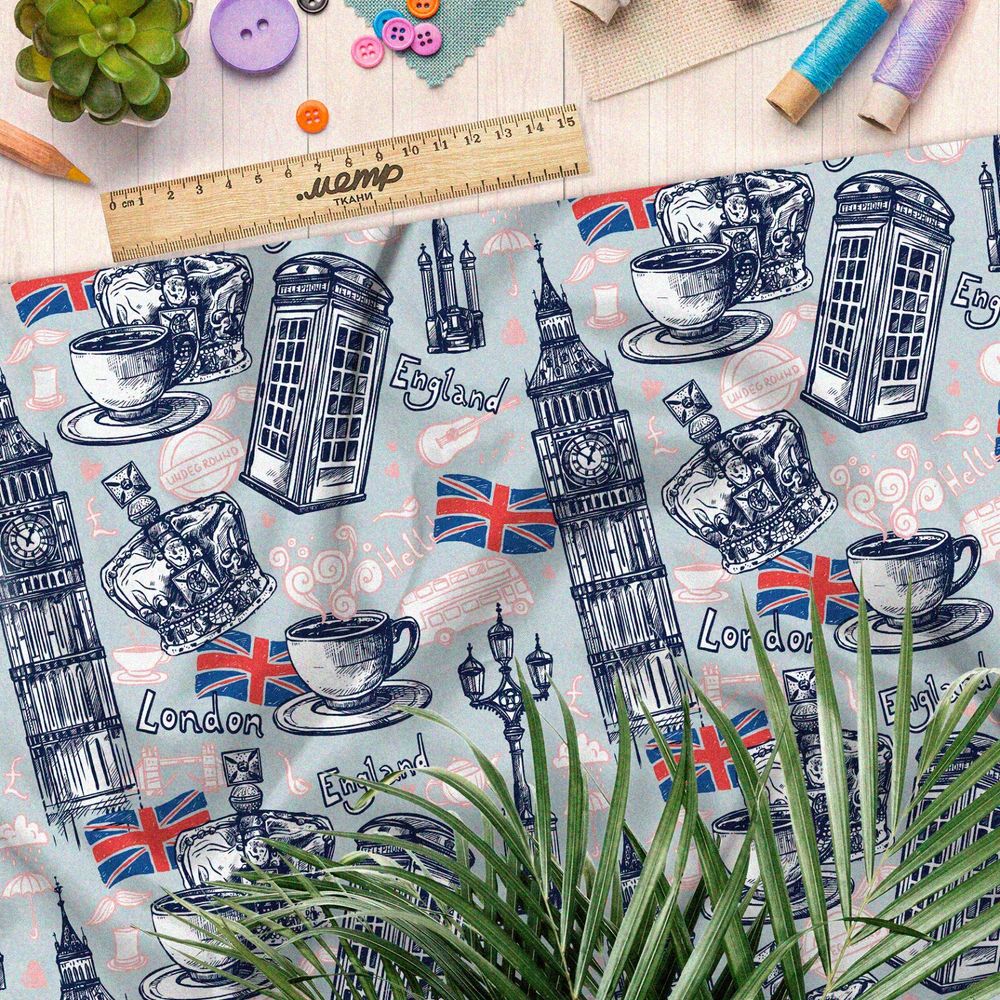 Ткань шифон корона, чай, биг-бен и великобританский флаг