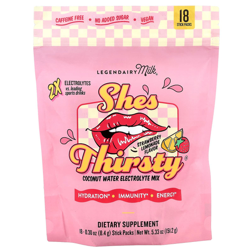 Legendairy Milk, She's Thirsty®, смесь электролитов с кокосовой водой, клубника и лимон, 18 пакетиков по 8,4 г (0,30 унции)