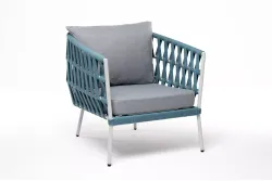 "Диего" кресло плетеное из роупа, каркас алюминий светло-серый (RAL7035) муар, роуп бирюзовый круглый, ткань светло-серая