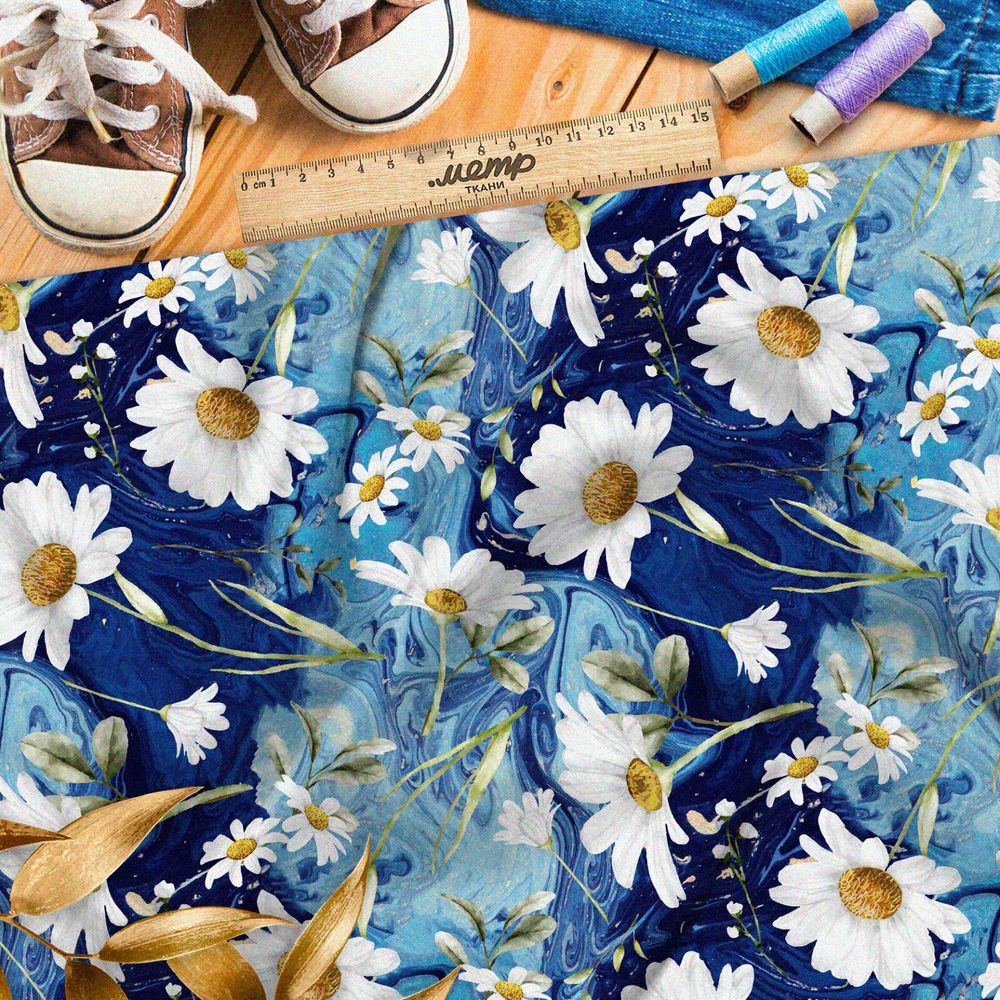 Ткань ниагара ромашки в жидком лазурите