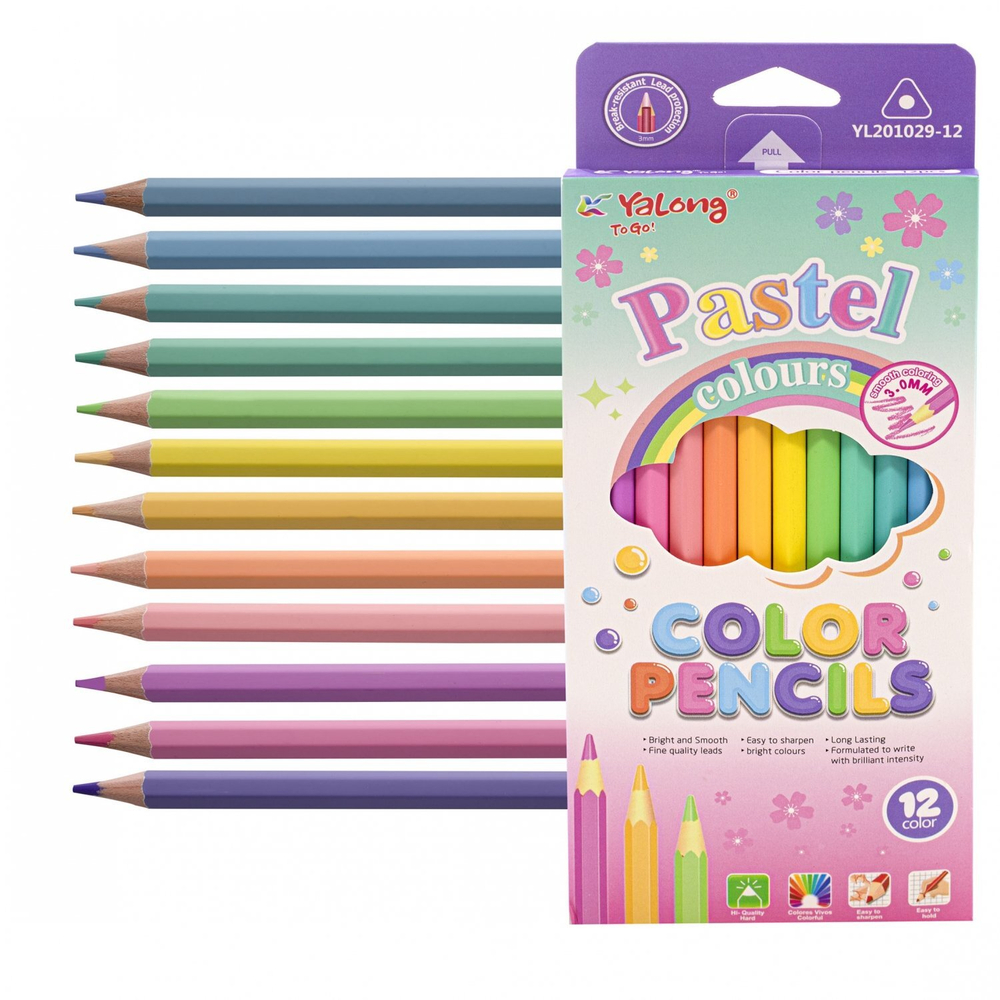 Карандаши цветные Yalong 12 цв., "Pastel colours" деревянные, шестигранные, заточенные, пастельные тона, грифель 3.0 мм, картон. уп., европодвес