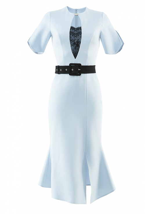 Трикотажное платье с поясом светло-серое 03-01-20 SS