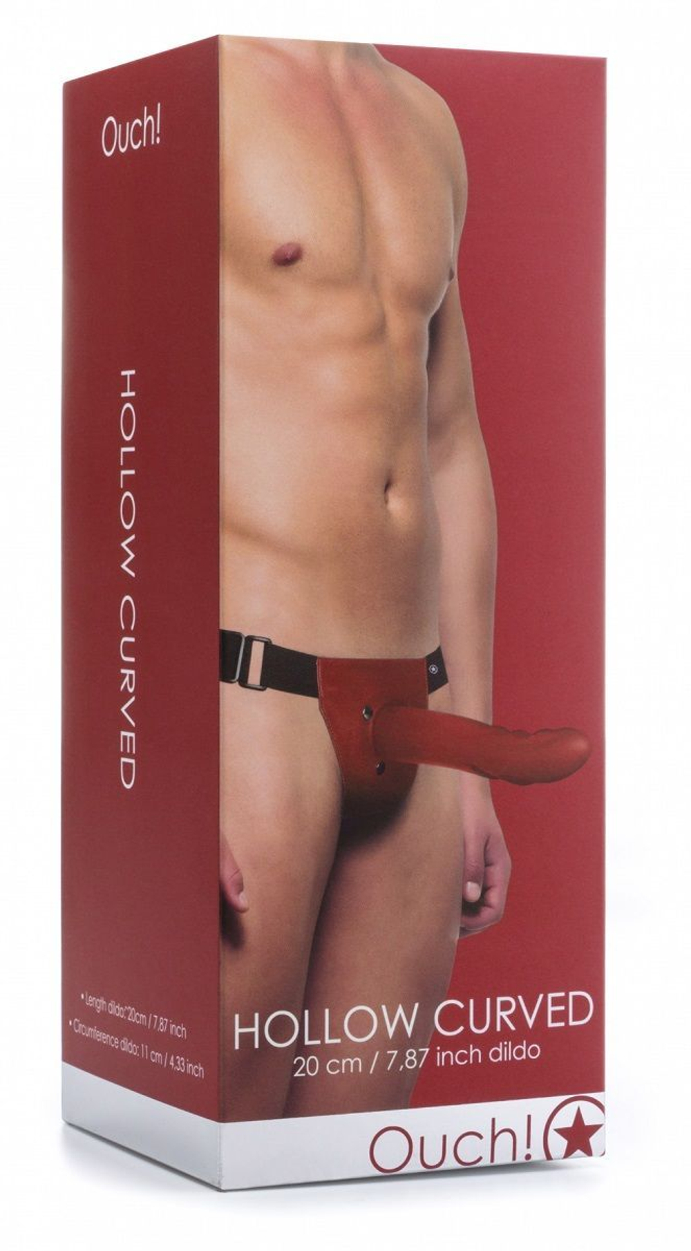 Красный полый страпон Hollow Curved Strap On - 20 см.