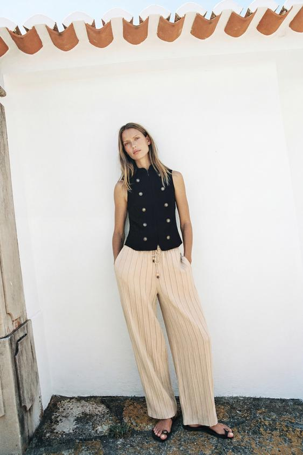 ZARA ШИРОКИЕ БРЮКИ В ПОЛОСКУ С ЭЛАСТИЧНЫМ ПОЯСОМ, ПЕСОЧНЫЙ