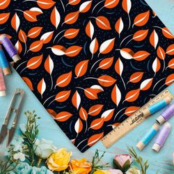 Ткань премиум таффета оранжевые листочки на черном