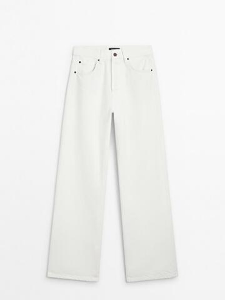 Massimo Dutti Джинсы прямого кроя из смесового хлопка с высокой посадкой, натуральный, кремовый