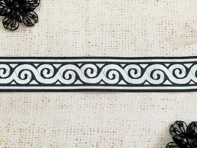 Тесьма жаккард, ш. 3,5 см, чёрный с серебром