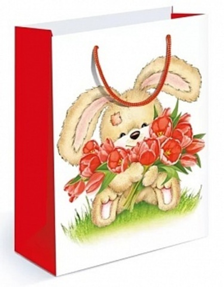 Пакет подарочный Зайка с тюльпанами Красный 18*23*10 см