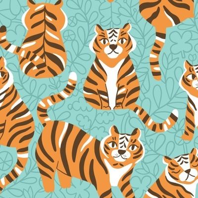 Оранжевые тигры на мятном с цветами