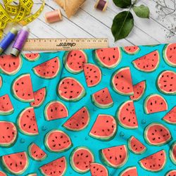 Ткань премиум шелк искусственный Армани дольки арбуза на голубом