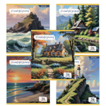 Тетрадь 36 л., А5, линия, Alingar "Пейзажи", скрепка, офсет, мелованный картон (стандарт), 5 дизайнов в пленке т/у