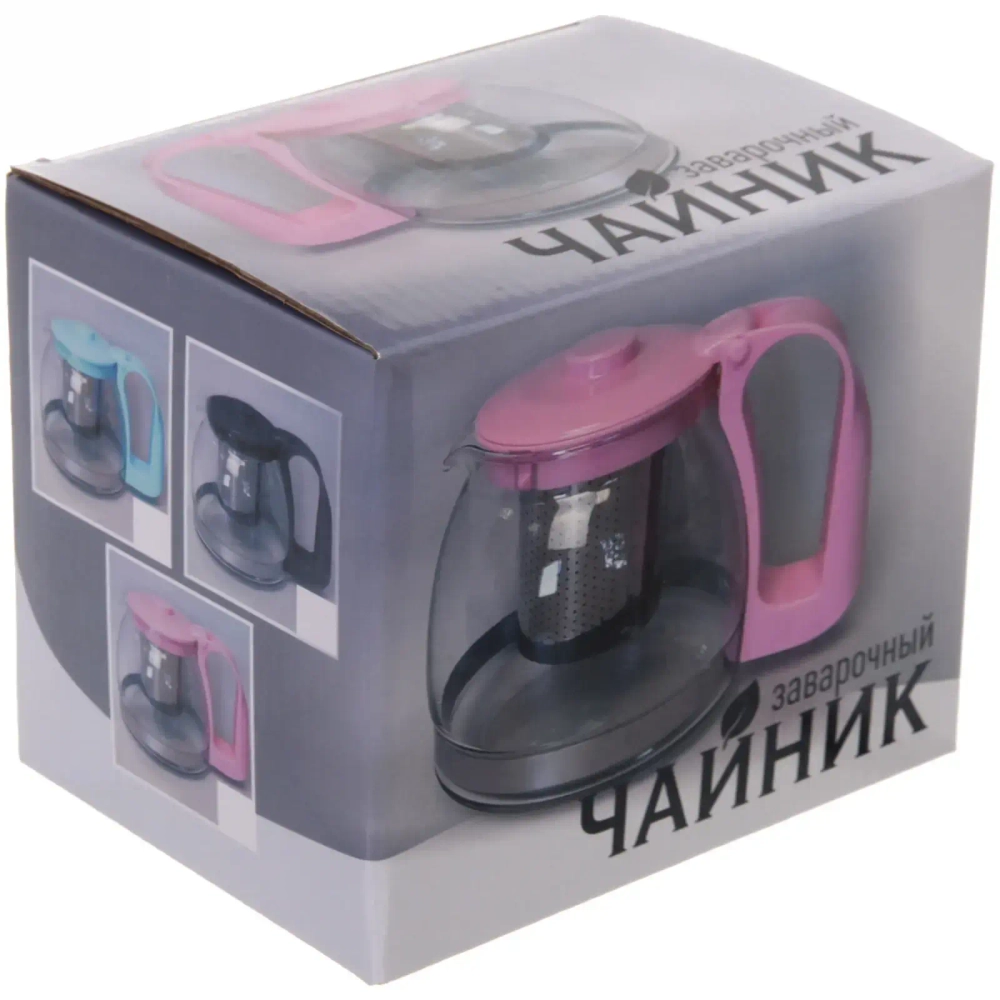 Чайник заварочный стеклянный 700 мл с металлическим ситом большая ручка Селфи, микс