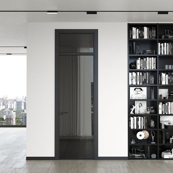 Модель 1AV c фрамугой профиль чёрный матовый стекло чёрный триплекс в алюминиевом моноблоке INTEGRAL в интерьере