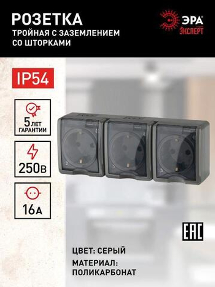 Розетка 3-м ОП Эра Эксперт 11-2406-03 16А IP54 16AX 250В 3х2P+E защ. шторки сер. Эра Б0020723