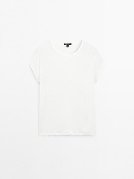 Massimo Dutti Футболка из 100% льна с коротким рукавом, натуральный, кремовый