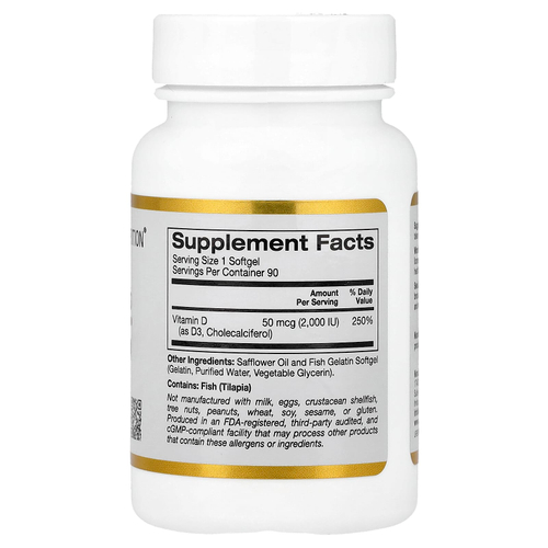 California Gold Nutrition, витамин D3, 50 мкг (2000 МЕ), 90 рыбно-желатиновых капсул