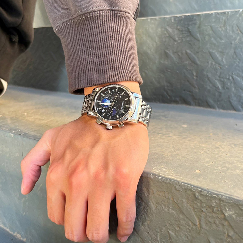 KANGOL Star Collection Quartz Movement Metal Strap Watch Men"s Watches Black Dial