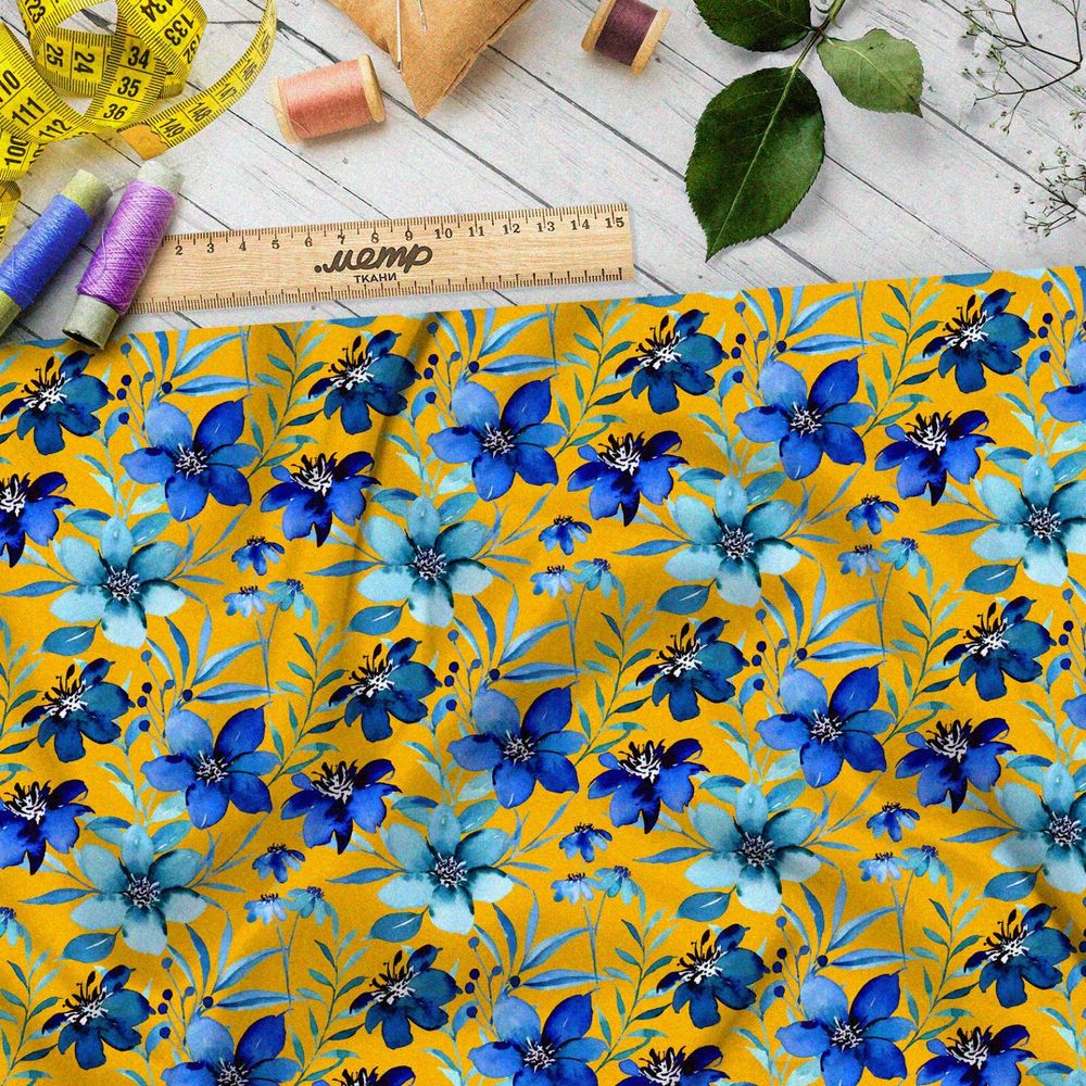 Ткань сатин синие цветы на жёлтом фоне
