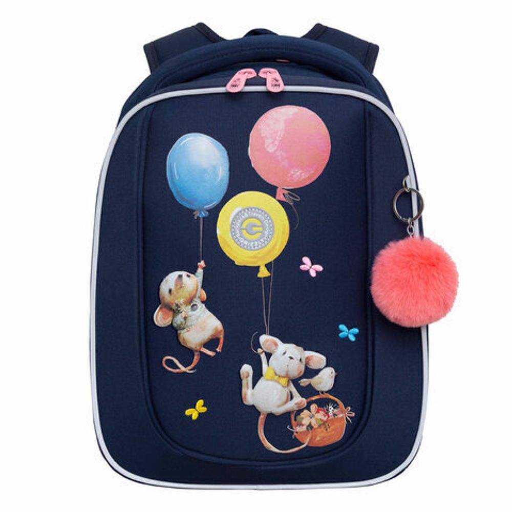 Ранец GRIZZLY анатомическая спинка, с брелоком, для девочек, "MICE", 36х29х18 см, RAf-392-3/3