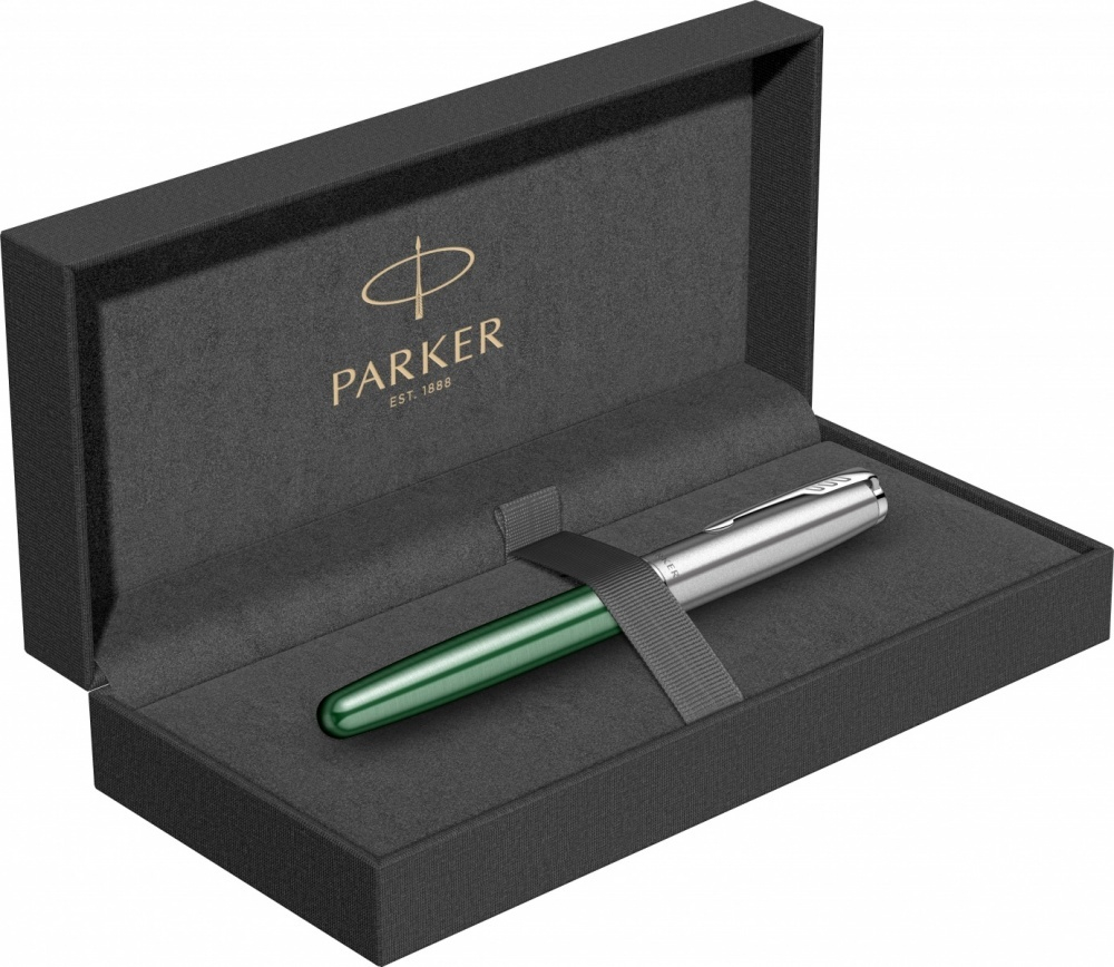 Ручка-роллер Parker Sonnet Essentials Green SB Steel CT 2169364, цвет чернил black, перо: F, в подарочной упаковке.