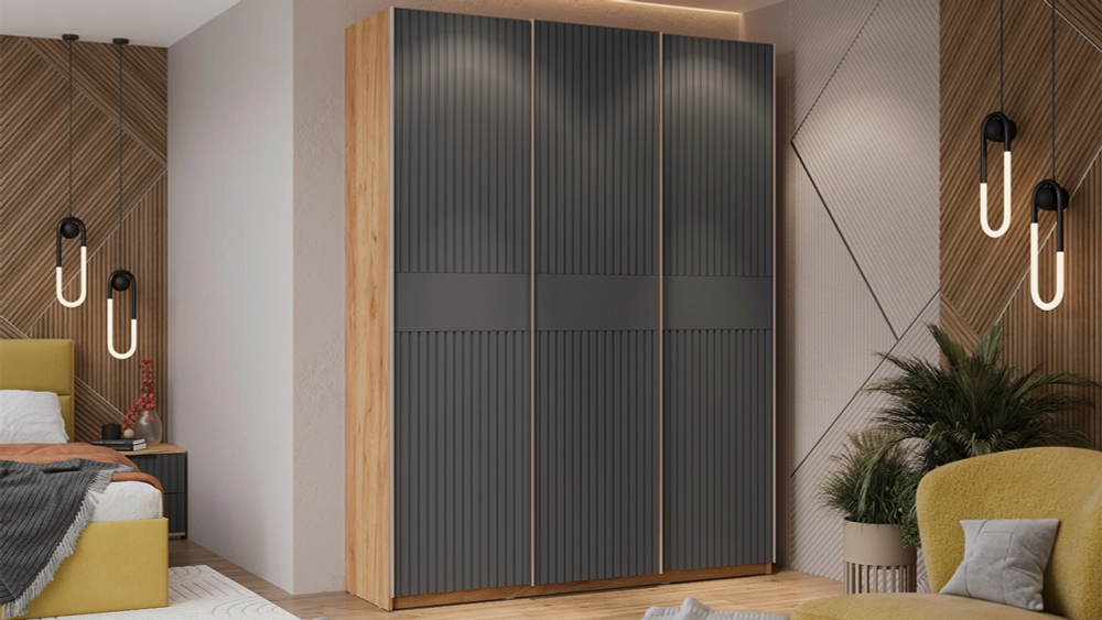 Шкаф-купе Оскар Хилтон 3-х дверный 177 дуб крафт золотой / графит матовый / ручка серебро