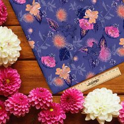 Ткань мембрана розовые цветы на синем