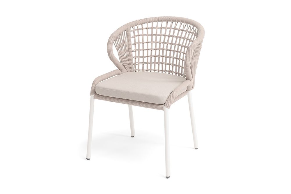 "Милан" стул плетеный из роупа (клетка), каркас алюминий белый, роуп бежевый круглый, ткань бежевая 035