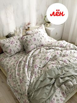 Простынь на резинке Сказка "Хризантемы на льне" 120х200 см , лён