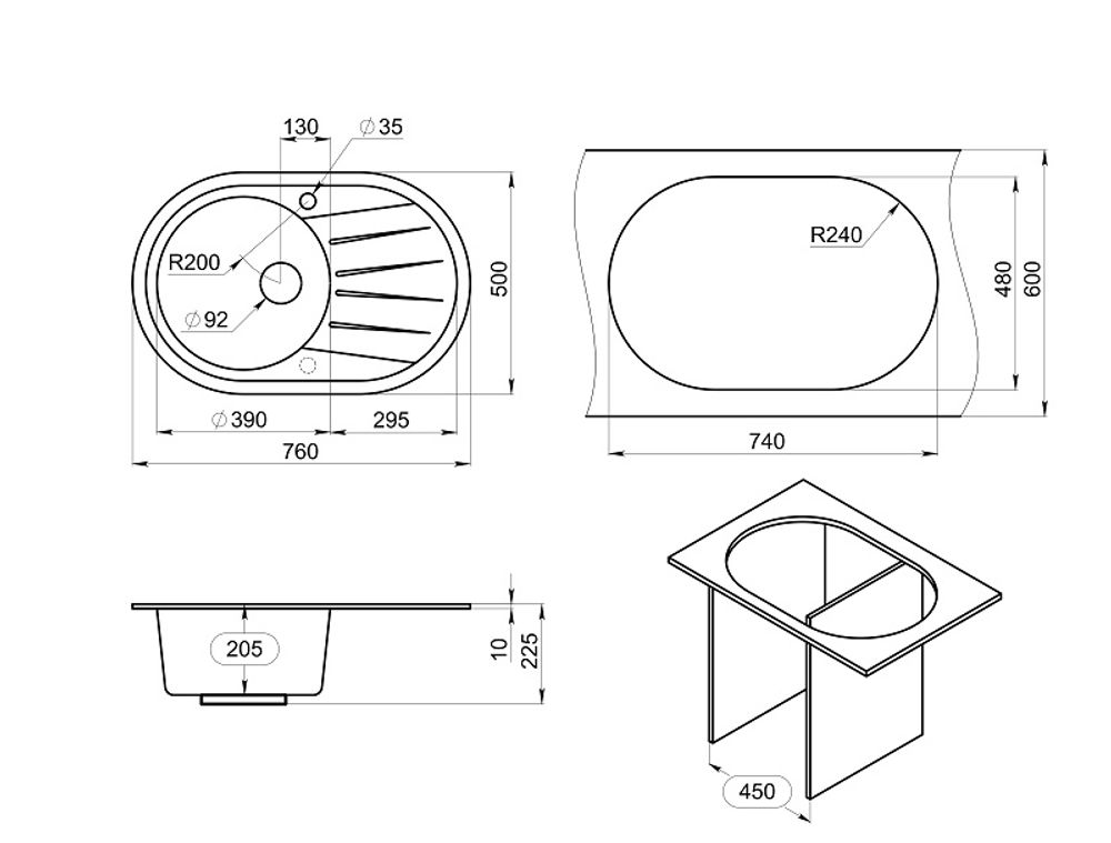 Кухонная мойка GRANULA Standart 7601 Черная (760*500)