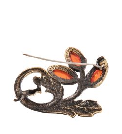 AM-1628 Брошь «Цветок с птичкой» (латунь, янтарь)