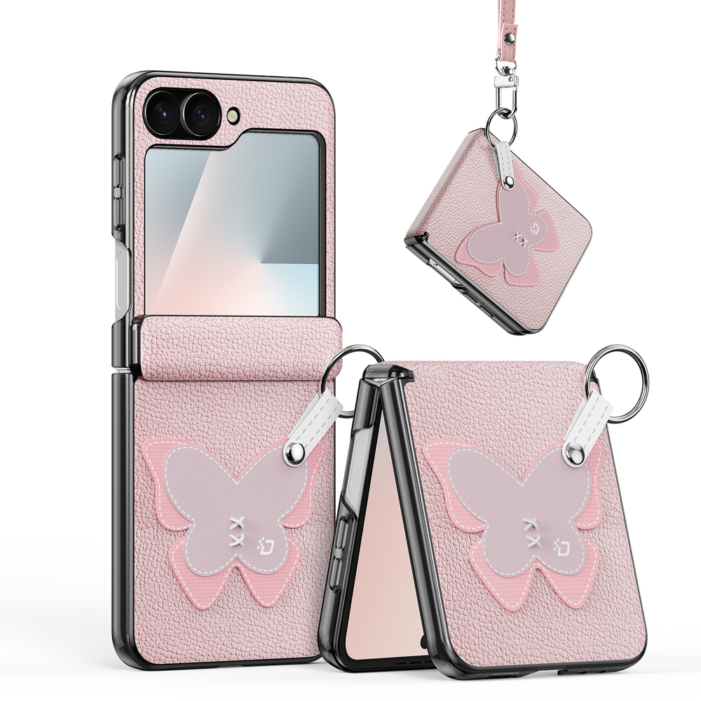 Чехол розового цвета (Butterfly Edition) из искусственной кожи от Dux Ducis для Samsung Flip 7 FE (W25 Flip) и Flip 6, серия Luvy Series Case