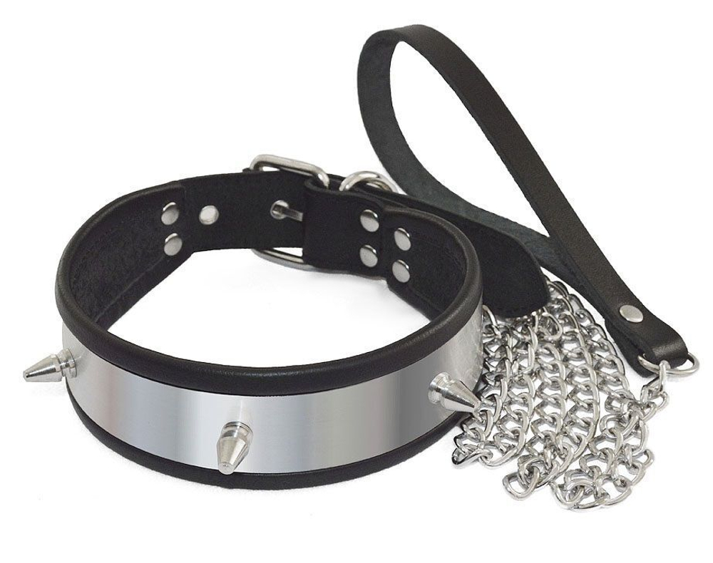 Серебристо-черный ошейник с шипами и поводком (Цвет: серебристый с черным)