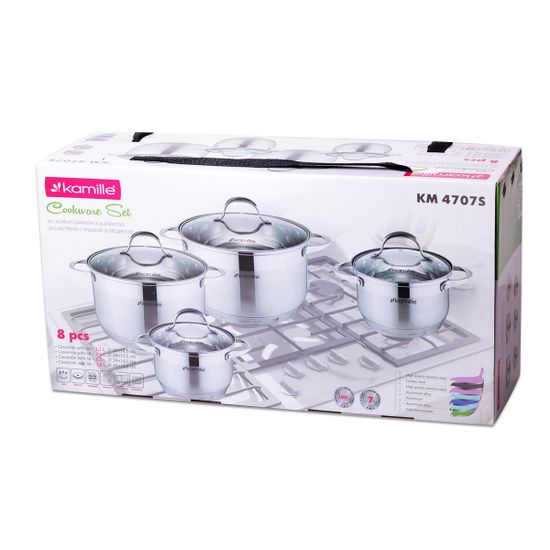 Набор кастрюль 8 предметов Kamille KM 4707S из нержавеющей стали (1,8 л; 2,3 л; 5,8 л; 7,8 л. 7-ми слойное дно)