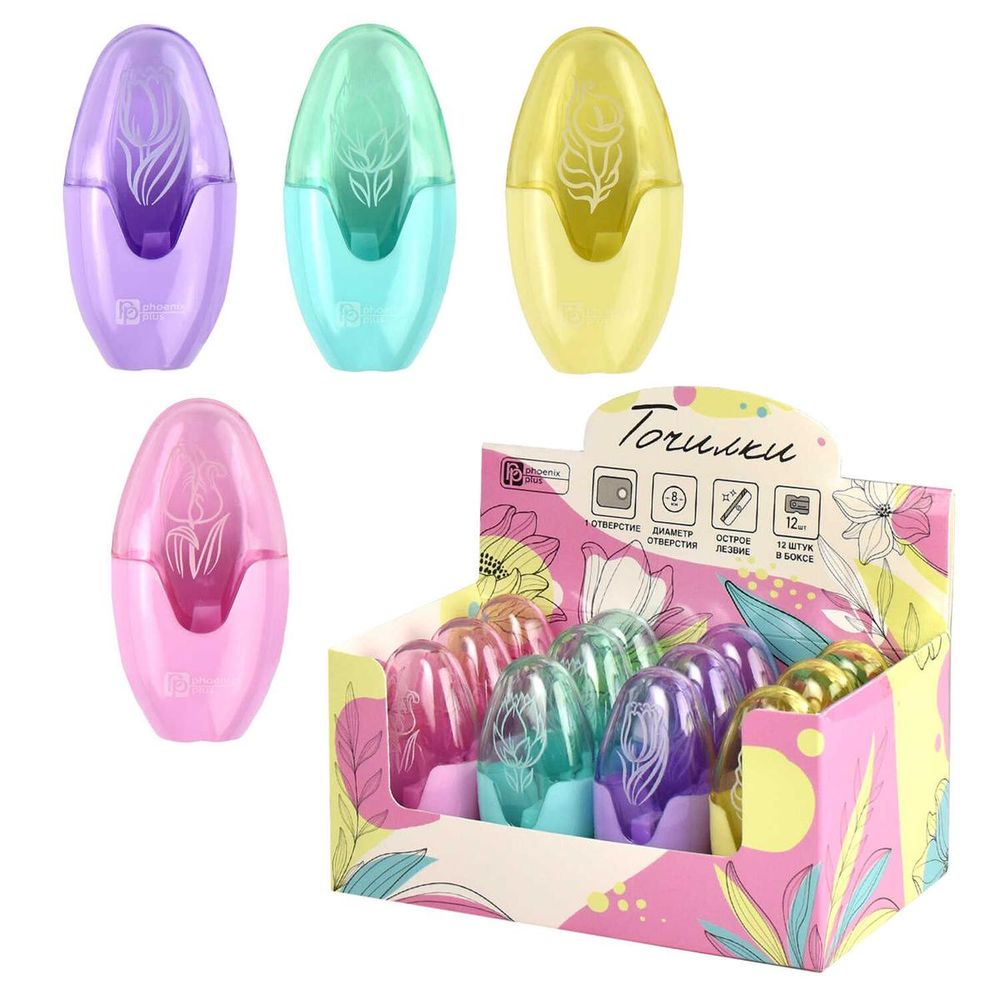 Точилка с контейнером 1отв. 3,9х2,5х7,6см. "Цветы" ассорти (Феникс+)