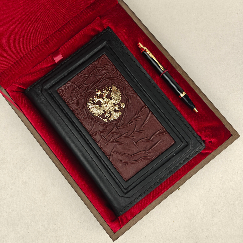 Набор "Ежедневник "Герб РФ" (бел). из натуральной кожи со съемной обложкой и ручкой "