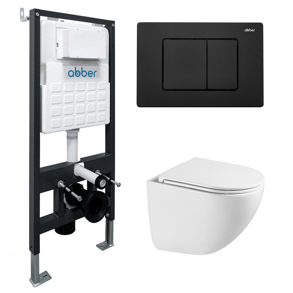 Комплект подвесной унитаз ABBER Bequem AC1131TC белый, с закрытым дном с инсталляцией AC0105 и кнопкой AC0120MB черный матовый