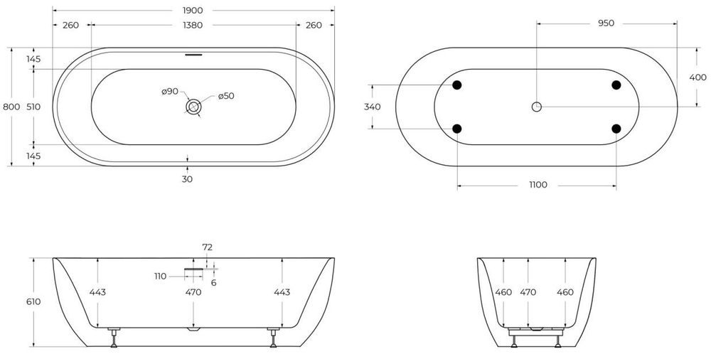 Ванна акриловая отдельностоящая BelBagno BB417-1900-800